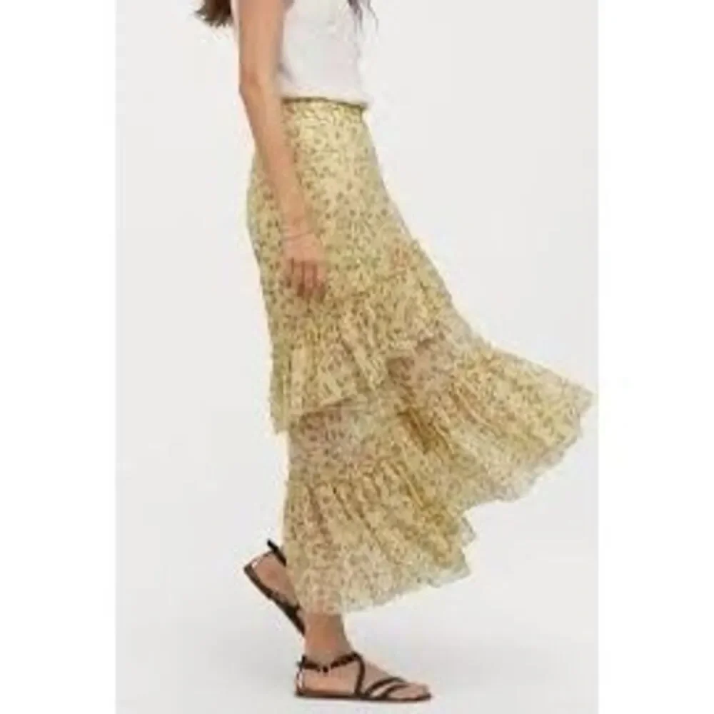 H&M Floral Tiered Midi Skirt Cream Boho Cottagecore Womens S